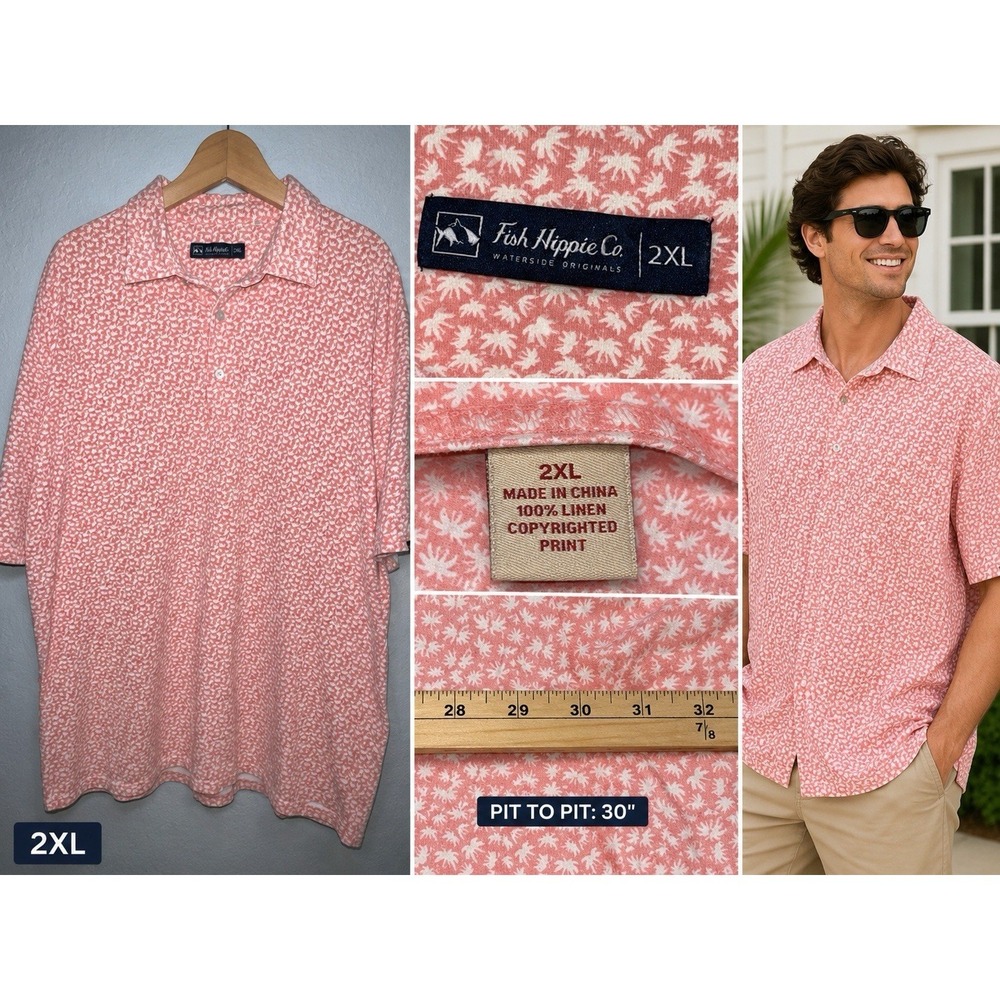 Fish Hippie Polo Shirt Mens 2XL Orange AOP Terene Print Golf Preppy Casual Fish